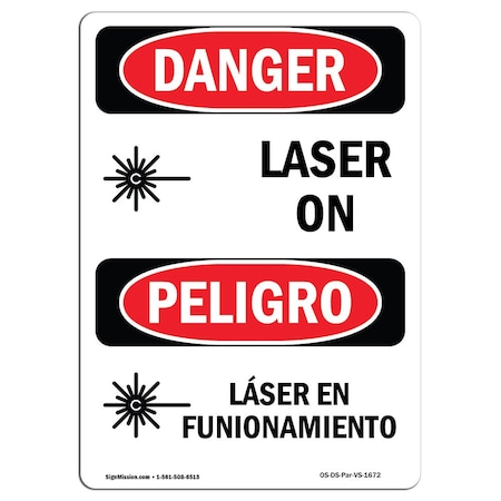 OSHA Danger Sign, Laser On Bilingual, 5in X 3.5in Decal, 10PK